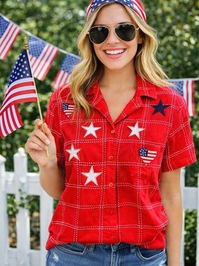 Lemon Grass Petite Red Patriotic Button Up Shirt Stars Hearts Americana Top
